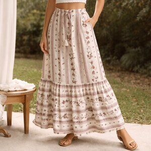 Linen Blend Romantic Floral Boho Tiered Maxi Skirt Cottagecore Sz S